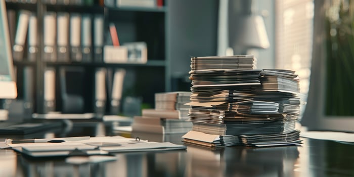 Neatly Stacked Pile of Files on a Sleek Desk in Modern Office photo