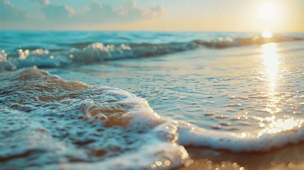 Blue ocean foam wave tropical sand beach hot summer day sunny and turquoise water island vacation background copy space photo