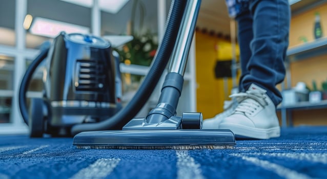 Modern Vacuuming Scene with Stylish Sneakers, Blue Carpet, and Home Decor Elements in a Bright Indoor Setting photo
