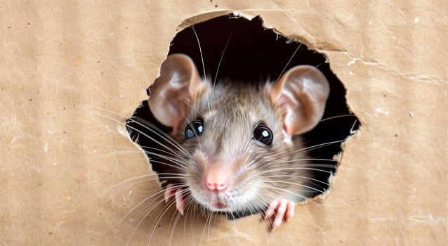 Adorable Gray Mouse Peering Through Brown Cardboard Hole, Close-up of Curious Mouse Face, Whiskers and Ears, Playful Rodent Imagery, Perfect for Animal Lovers and Pet Enthusiasts, Calm Background photo