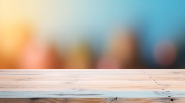 A wooden table surface with a vibrant and blurred backdrop, Empty wooden table background, product display montage,Background with empty bokeh wooden table. For designers and advertising banner photo