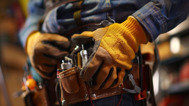 A closeup of a gloved hand reaching for a screwdriver from a tool belt photo
