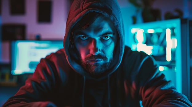 Hacker in hoodie using laptop photo