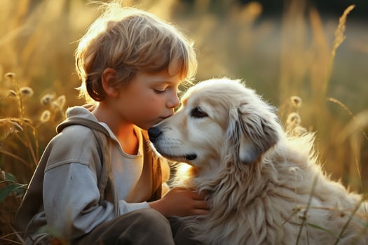 A happy boy gives a sweet kiss to a dog in a big grassy field. . photo