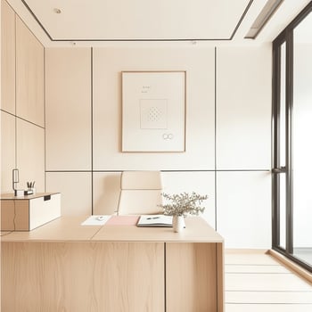 Compact office space designed with minimalist aesthetics, featuring a neutral color palette, streamlined furniture, and clutter-free surfaces photo