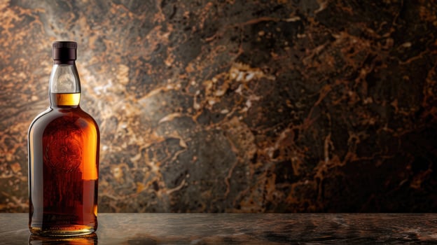 Scotch whiskey or brandy bottle, alcohol drink isolated on luxury brown background with copy space photo
