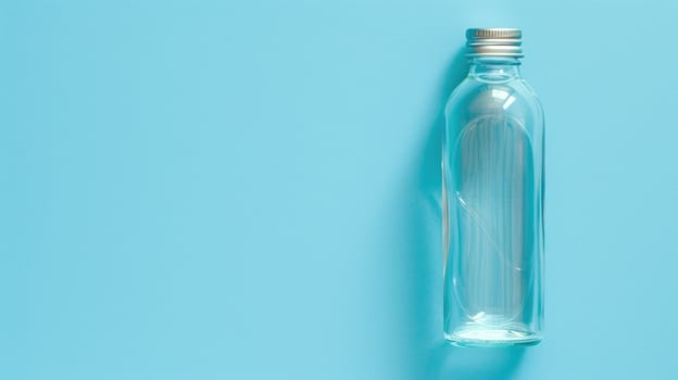 Empty glass bottle with a cap on blue background with copy space photo