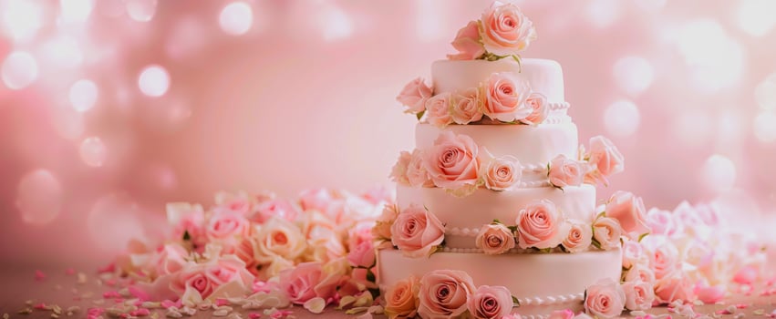 Elegant four-tier pink wedding cake with floral decorations. Perfect for wedding invitations, party decorations, and event planning. Copy space photo