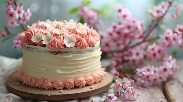 Beautiful cake adorned with pink flowers on a wooden board. Gorgeous dessert decorated with floral icing on a rustic surface. Concept of celebration, baking artistry, special occasion, dessert design photo