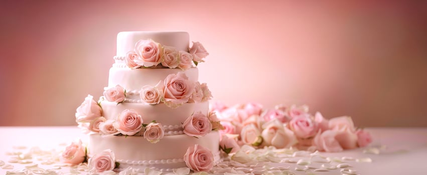 Elegant Three-Tier Wedding Cake Adorned with Pink Roses on Soft Pink Background. Copy space photo