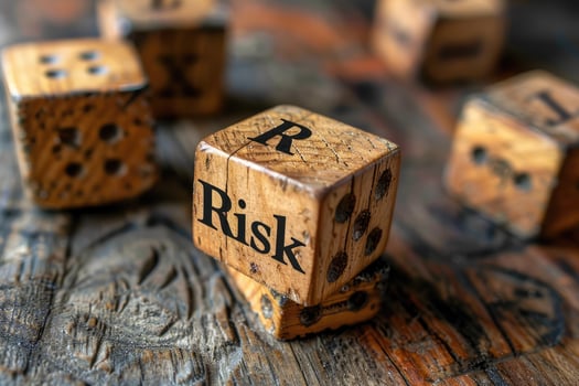 Wooden blocks spelling Risk on the table photo
