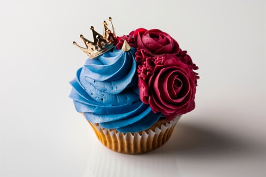 a cupcake with blue and red frosting and a crown on top photo