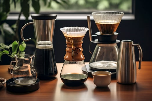 Coffee making equipment and tools at home kitchens to brew hot coffee that drips into cups photo