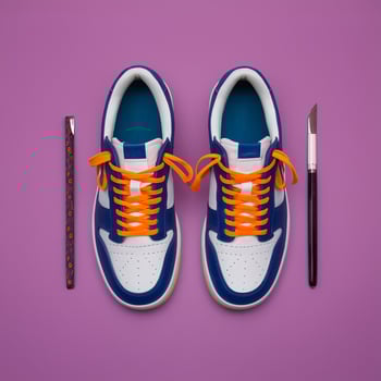 A pair of sneakers with orange laces and a pencil photo