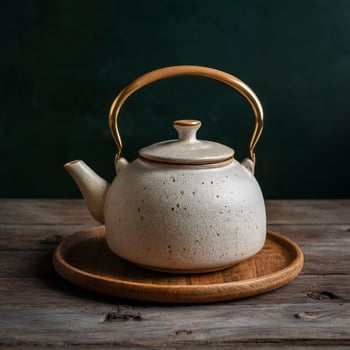A white teapot on a wooden tray photo