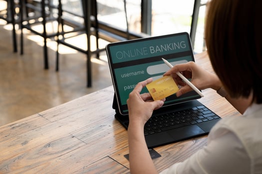 Middle asian woman doing e-shopping with credit card and laptop computer, online purchase concept photo