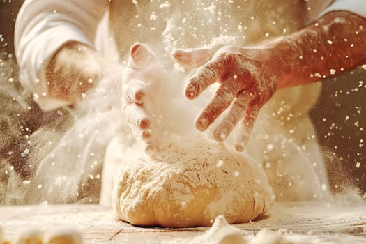 close-up chef male hands kneading dough on a wooden table, flour dust in the air. background. mens hands knead dough on wooden board. photo