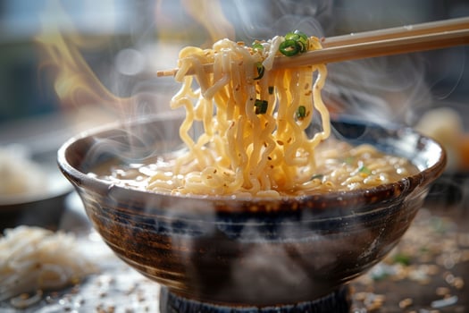 Serving of Hot Udon Noodles Being Lifted with Chopsticks photo