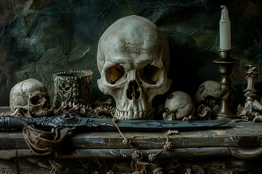 Still life featuring a large human skull as the centerpiece photo