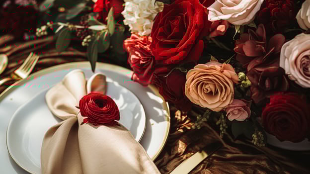 Wedding and event celebration tablescape with flowers, formal dinner table setting with roses and wine, elegant floral table decor for dinner party and holiday decoration, home styling photo