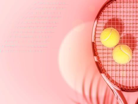 Yellow tennis balls and racket on a pink, evening background with copy space photo
