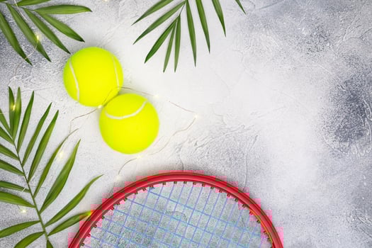 Tennis balls with a racket and palm leaves on a blue background photo
