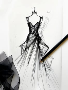 top view of a sketch of crystal evening black dress on paper on the table. minimalism photo