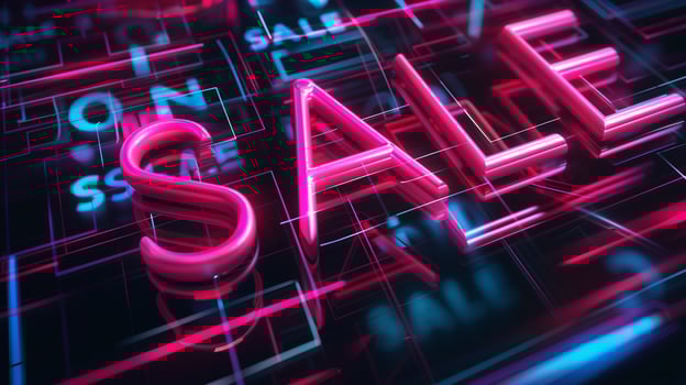 Vibrant neon SALE sign, glowing in a futuristic digital background photo