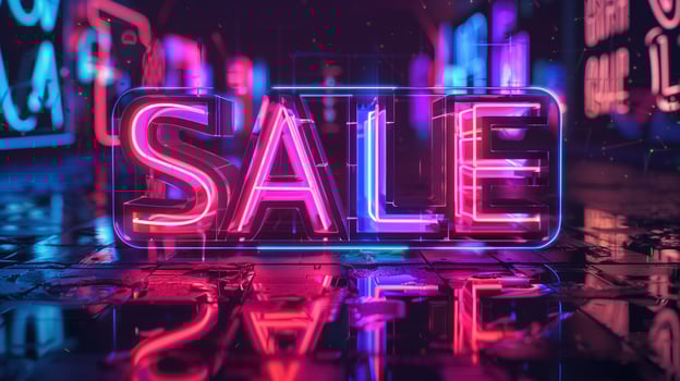 Vibrant neon SALE sign in a colorful urban setting at night, photo