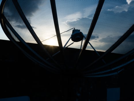 Satellite dish blue sky background cloudy white radio technology astronomy radar equipment connection telescope observatory radio connection television network broadcast cyberspace datum signal radar photo