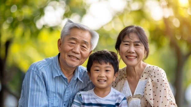 Asian elderly couple with young grandson outdoors in a park. Multigenerational family. Concept of family bonds, happiness, and outdoor leisure activities photo