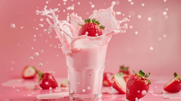 strawberry milk splashing into a glass with fresh strawberries on a pink background photo