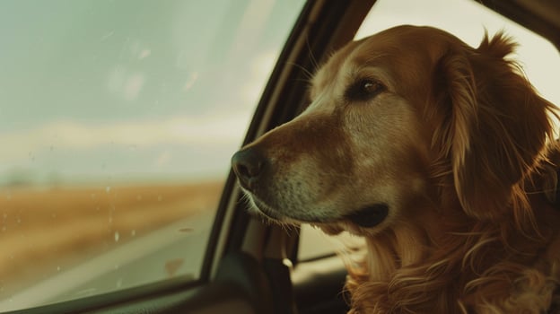 the dog sits in the car during the trip photo