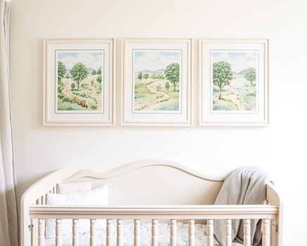 Nursery gallery wall, home decor and wall art, framed art in the English country cottage interior, room for diy printable artwork mockup and print shop photo
