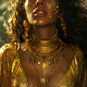 goddesses in gold with a deep neckline and a large necklace. A close portrait , photo