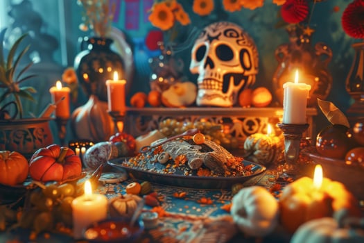 Ofrenda Offering, The solemn moment of offering on the Ofrenda, the deceased's favorite foods, drinks and mementos, surrounded by candles and incense photo