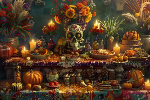 Ofrenda Offering The solemn moment of offering on the Ofrenda, the deceased's favorite foods, drinks and mementos, surrounded by candles and incense photo