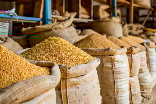 Grain bags in store row photo