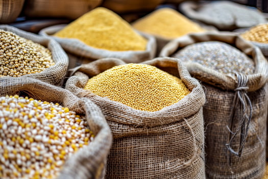 Grain bags and corn kernels at market photo
