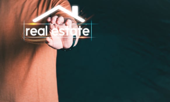Planning and strategy, stock market, business growth, progress or success concept, businessman or trader showing real estate stock Virtual holograms, invest in stock market trading or digital assets. photo