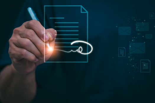 The person signing an electronic document on a smartphone, management concept, digital transformation Internet of Things, Big Data and Business Processes, Automated Operations, Data Storage photo