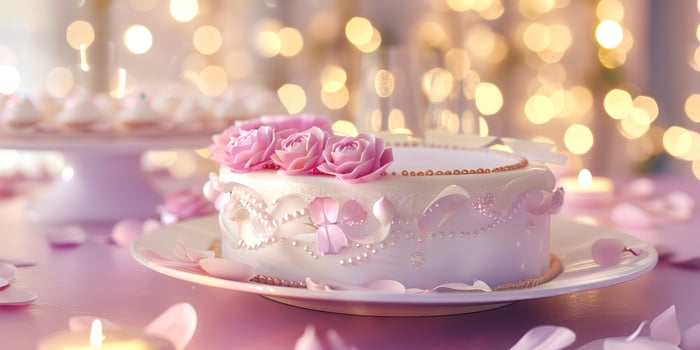 Elegant white cake decorated with pink roses and pearls on a festive table. Beautifully decorated cake with floral and pearl accents. Concept of celebration, elegance, dessert, festive occasion photo