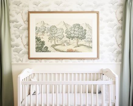 Nursery wall art, home decor and framed art in the English country cottage interior, room for diy printable artwork mockup and print shop photo