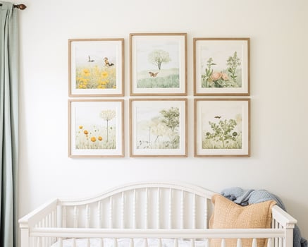 Nursery gallery wall, home decor and wall art, framed art in the English country cottage interior, room for diy printable artwork mockup and print shop photo