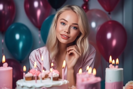 Beautiful happy blonde woman. Balloons on background. Candles on birthday cakes. photo