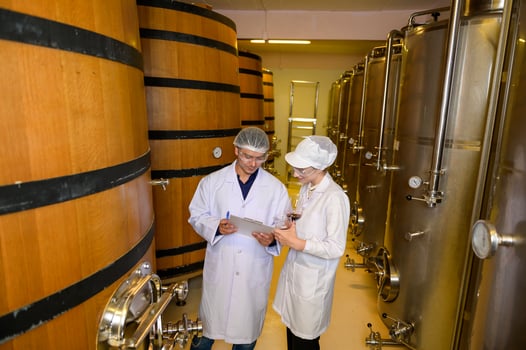 Professional winemaker controlling wine making process and quality at winery factory photo