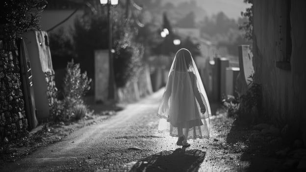 Black and white photo of a child in a white veil walking down a village street. Girl in a ghost costume for Halloween. Concept of childhood, mystery, solitude, tranquility, celebration
