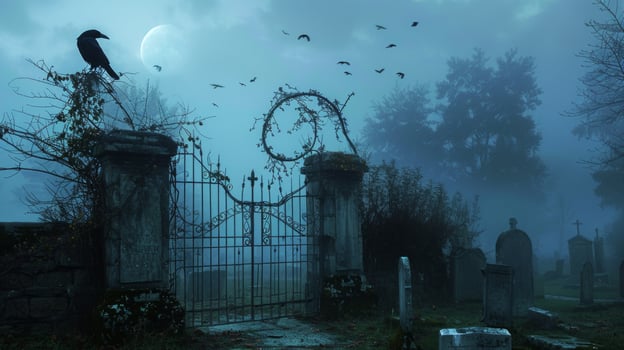 Foggy graveyard with an iron gate and a crow perched on a pillar. Eerie cemetery scene with gravestones. Spooky atmosphere, Halloween night, gothic setting concept photo