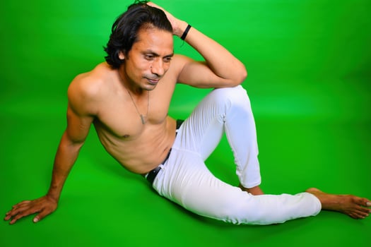 Happy young men sitting pose photo