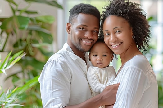 close-up portrait of a happy family with a small child in white T-shirts at home in a large bright room photo